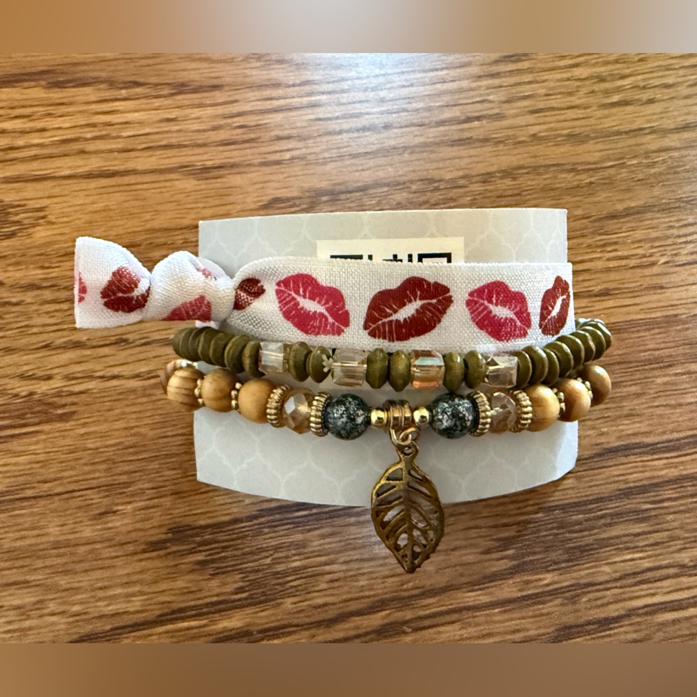 Olive Green and Gold Beaded Charm Bracelet Set